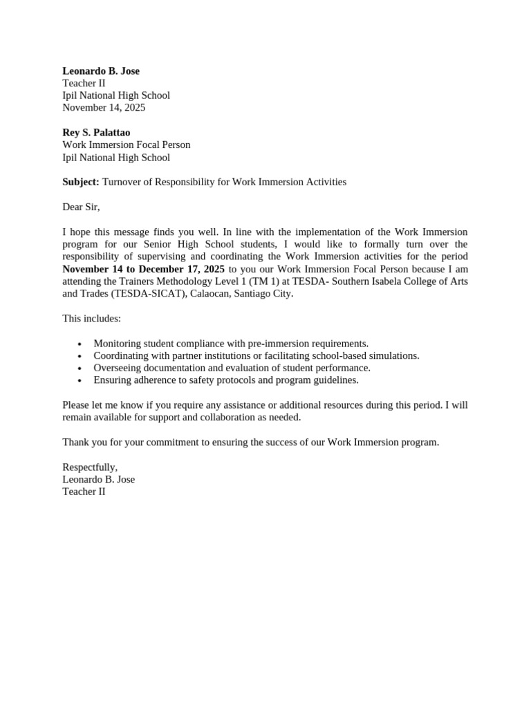 Work Immersion Responsibility Transfer | PDF