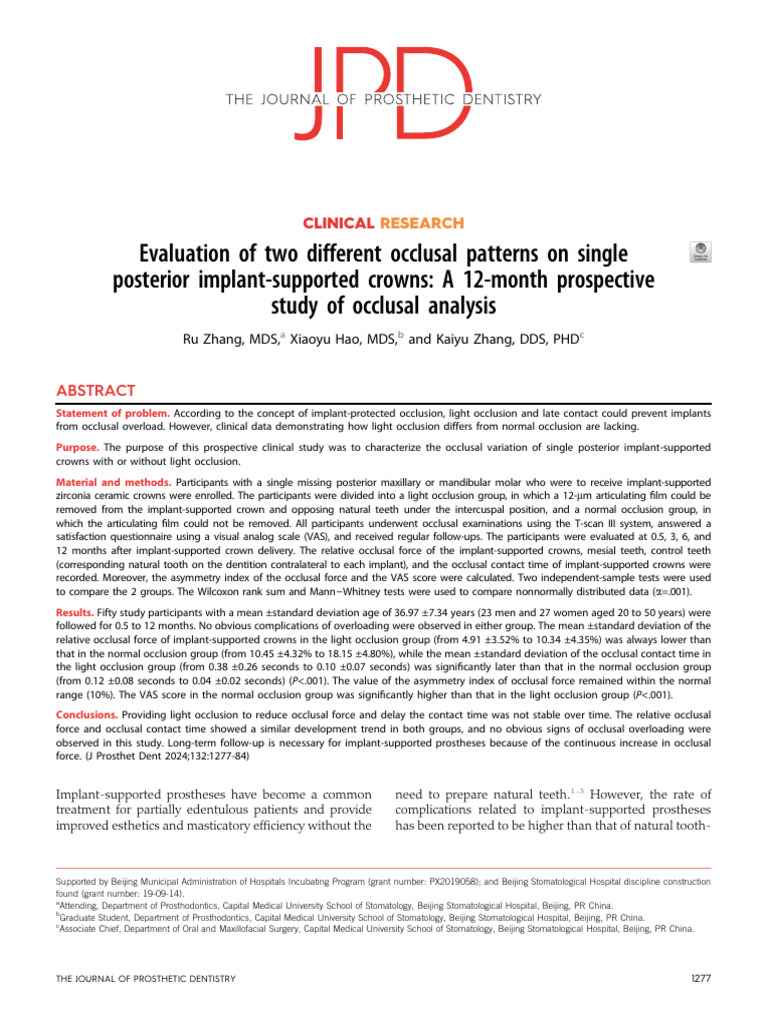 Occlusal Patterns in Implant Crowns Study | PDF | Tooth | Dental Anatomy