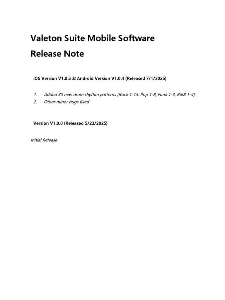Valeton Suite Mobile Software Release Note | PDF