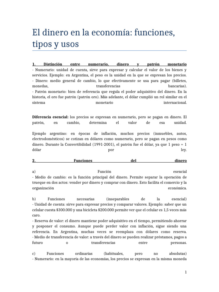 Funciones y tipos de dinero en economía | PDF | Dinero | Dólar de los ...