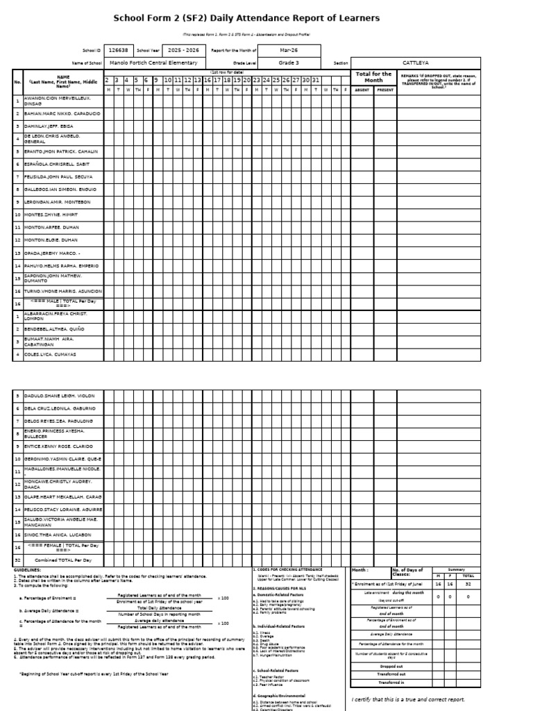 SF2 Daily Attendance Report of Learners | PDF | Childhood | Youth