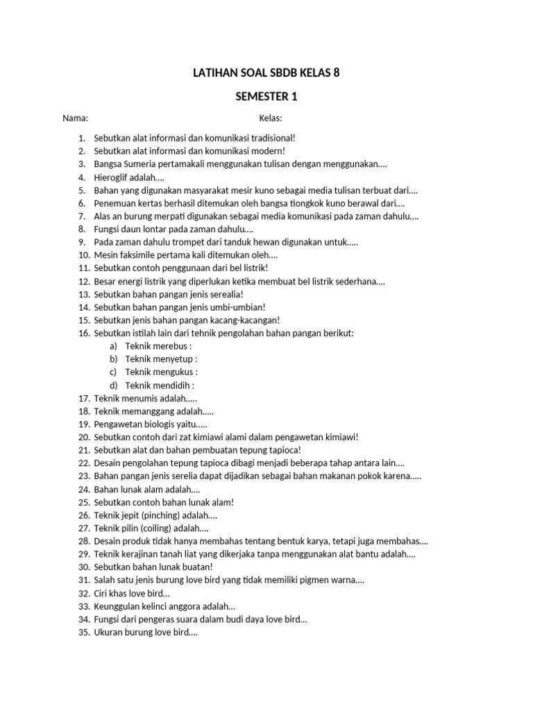 Latihan Soal SBDB Kelas 8 Semester 1 | PDF