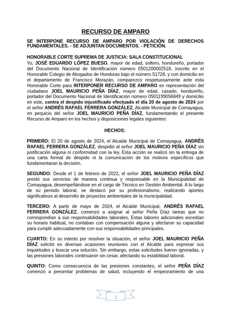 Recurso de Amparo por Despido Injustificado | PDF | Honduras | Alcalde