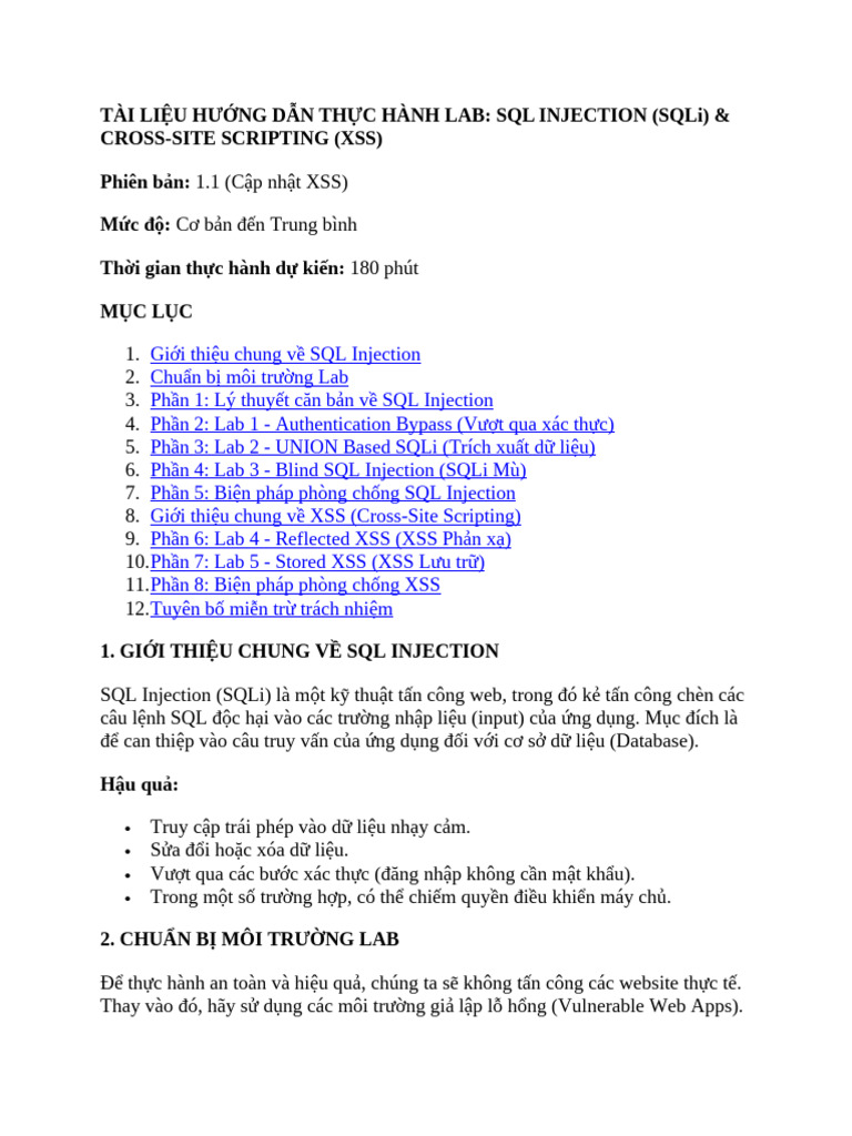 Tài Liệu Hướng Dẫn Thực Hành Lab: Sql Injection (Sqli) & Cross-Site ...