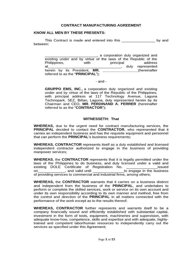 Contract Manufacturing Agreement Template | PDF | Employment | Labour Law