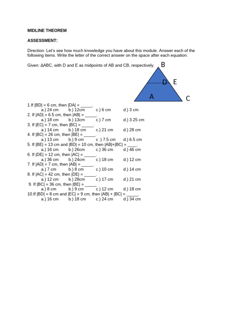 Midline Theorem Assessment Quiz | PDF