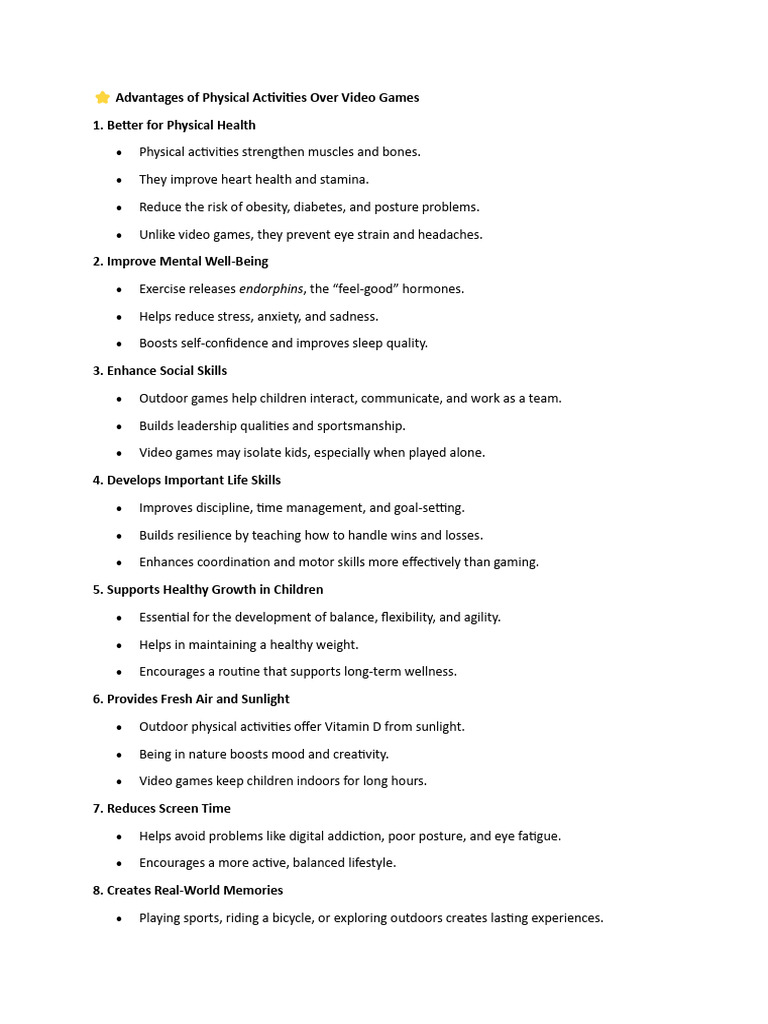 Advantages of Physical Activities Over Video Games | PDF