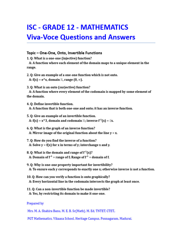 ISC Grade 12 Mathematics Q&A Guide | PDF | Function (Mathematics ...