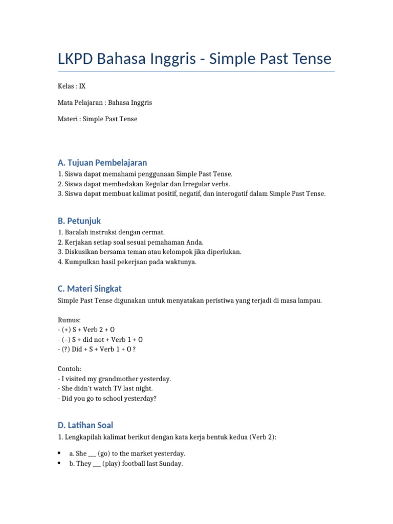LKPD Simple Past Tense Kelas IX | PDF