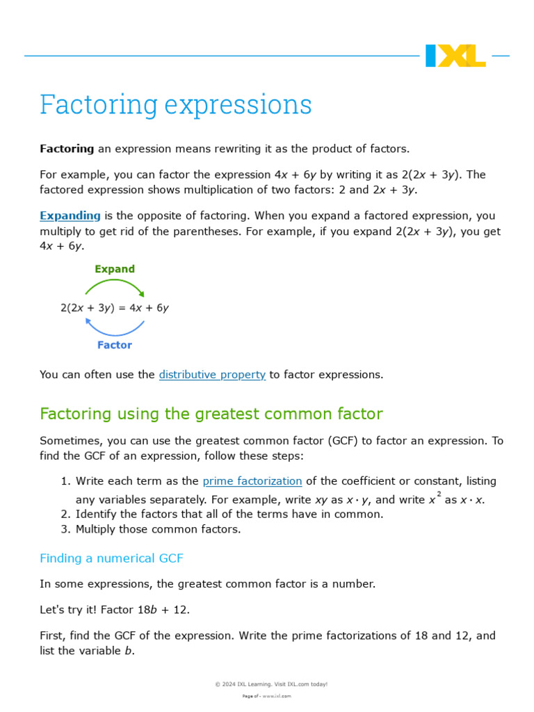IXL Factoring Expressions | PDF | Factorization | Polynomial