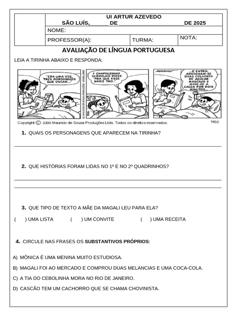 Avaliação de Língua Portuguesa 2025 | PDF