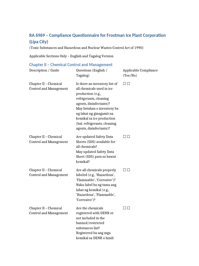 RA 6969 Compliance Checklist for Ice Plant | PDF | Waste | Hazardous Waste