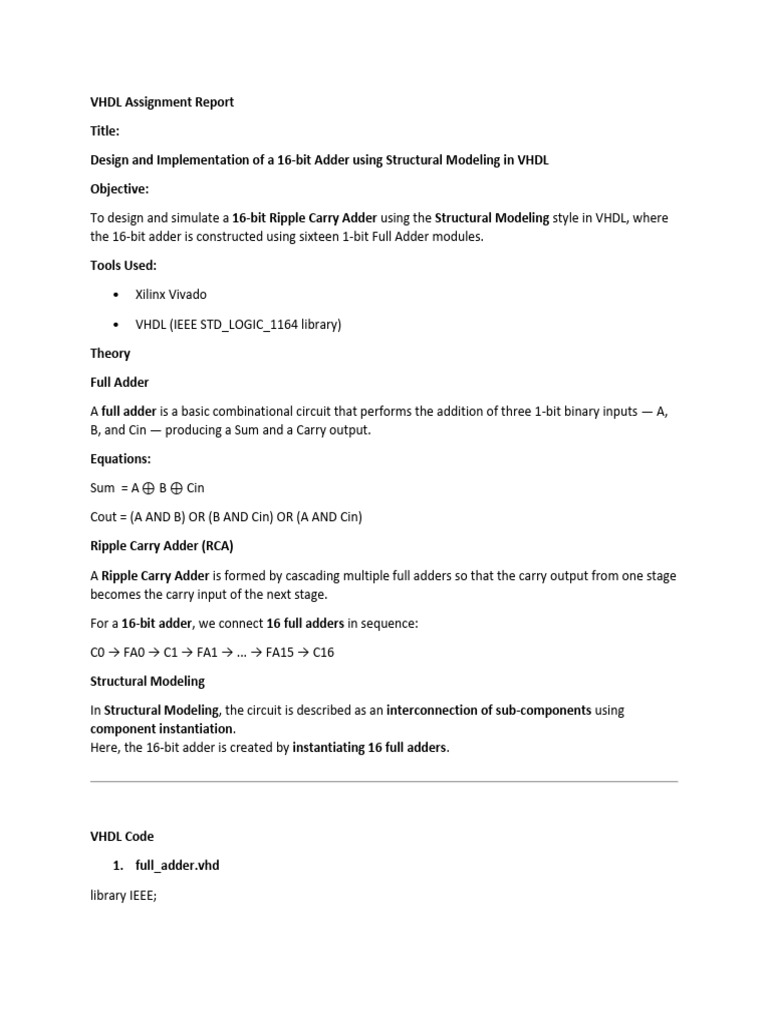 16-bit Adder Design in VHDL | PDF | Vhdl | Computer Engineering