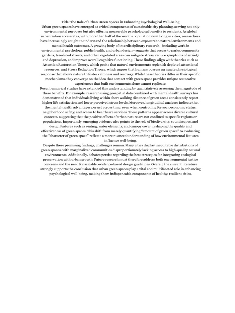 Urban Green Spaces and Mental Health Benefits | PDF | Mental Health ...