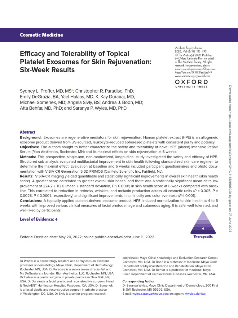 Efficacy of Platelet Exosomes for Skin Rejuvenation | PDF | Skin Care ...