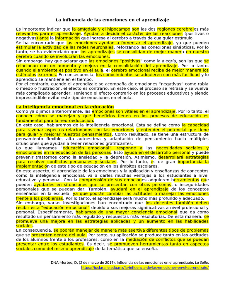 Emociones y su impacto en el aprendizaje | PDF | Las emociones ...