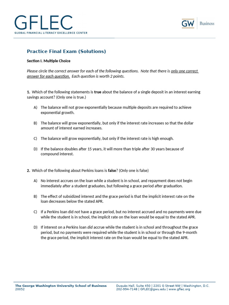 Personal Finance Practice Exam Solutions | PDF | Cost Of Living ...