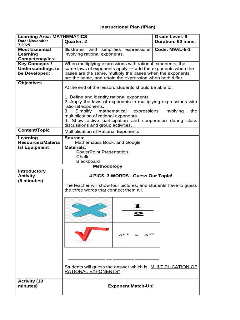 Multiplying Rational Exponents Lesson Plan | PDF | Multiplication ...