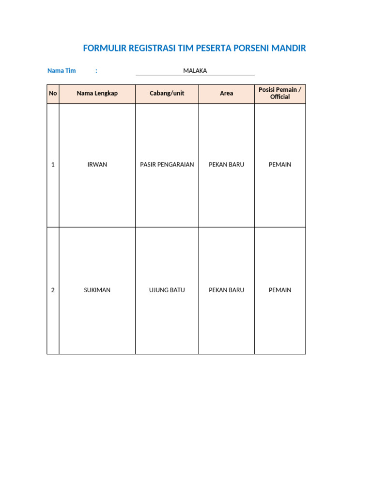 Formulir Registrasi Tim - VOLLEY | PDF