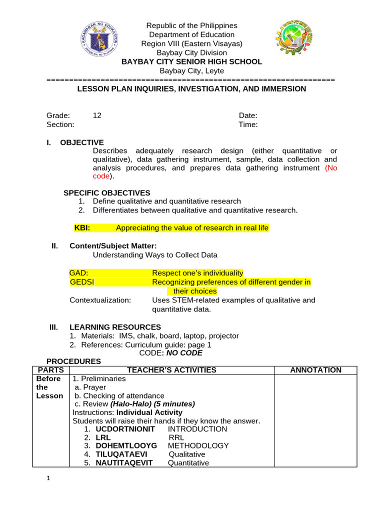Lesson Plan: Qualitative vs Quantitative Research | PDF | Statistics ...