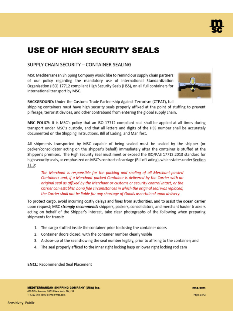 High Security Seals Policy for MSC | PDF | Cargo | Bill Of Lading