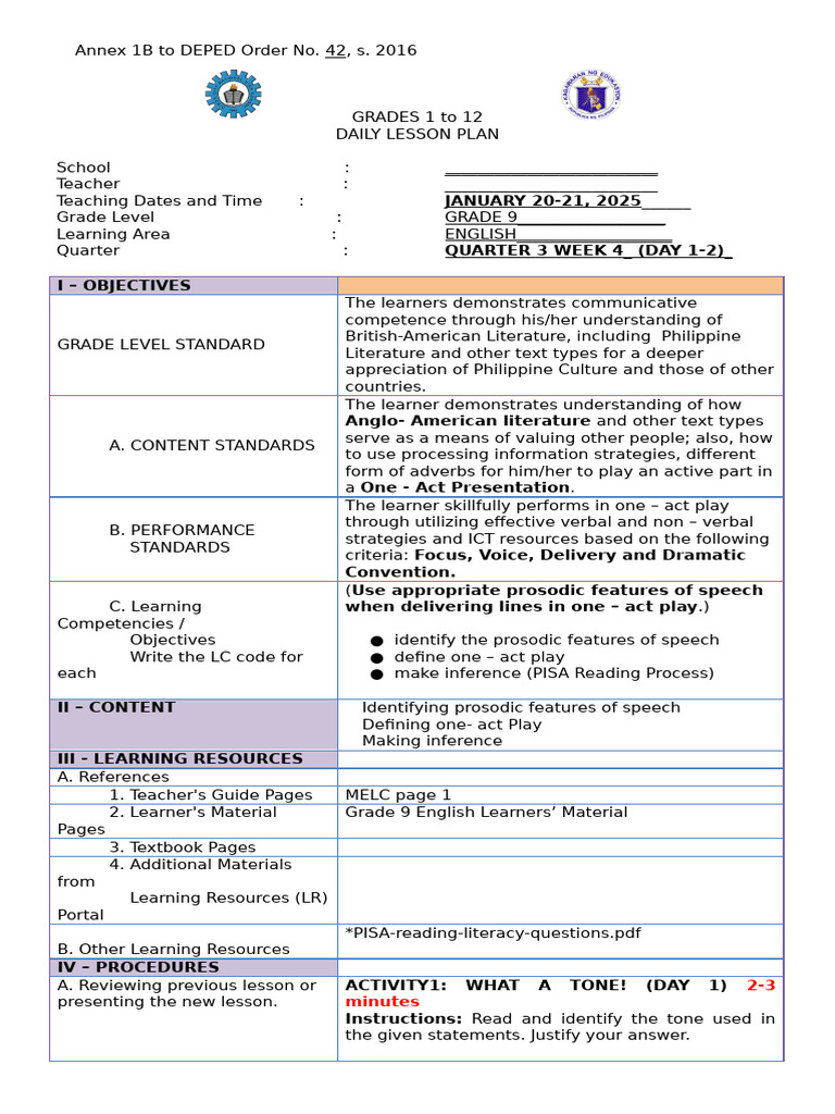Grade 9 English Daily Lesson Plan | PDF | Stress (Linguistics ...