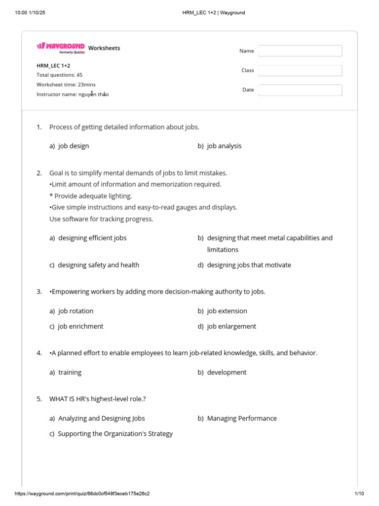 HRM Worksheets: Job Analysis & Design | PDF | Human Resources | Business