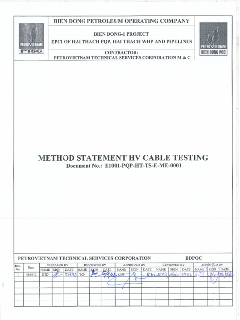 E1001 WHP HT1 TS E ME 0001 - Method Statement HV Cable Testing | PDF