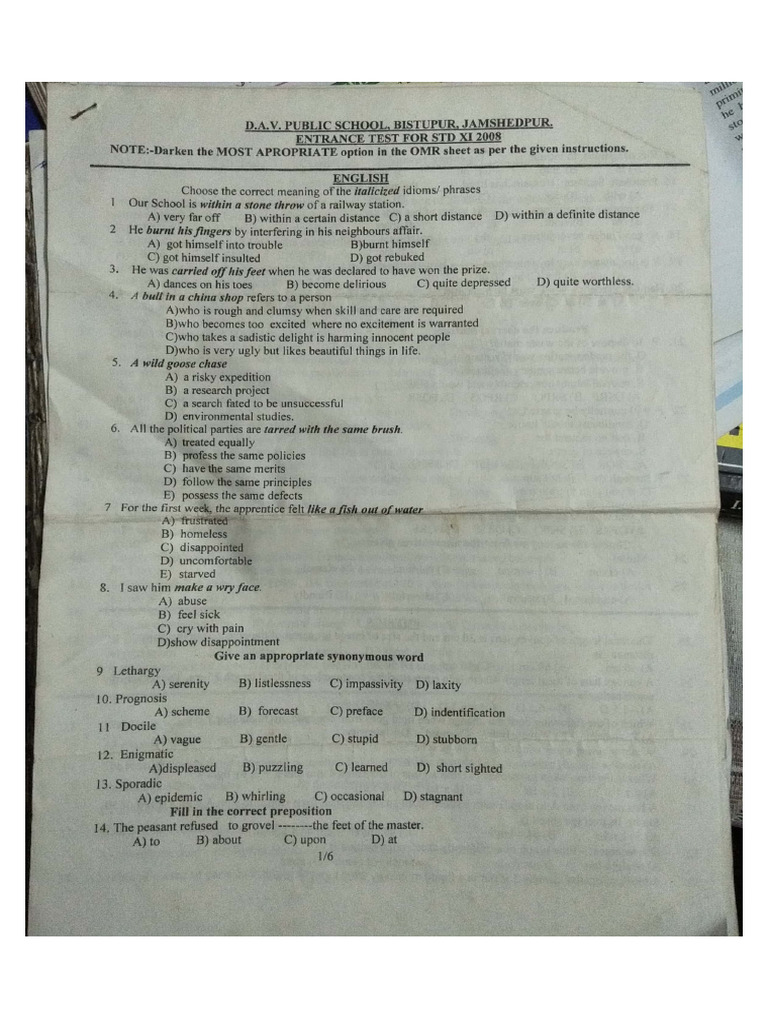 DAV Entrance Paper For Class 11 | PDF