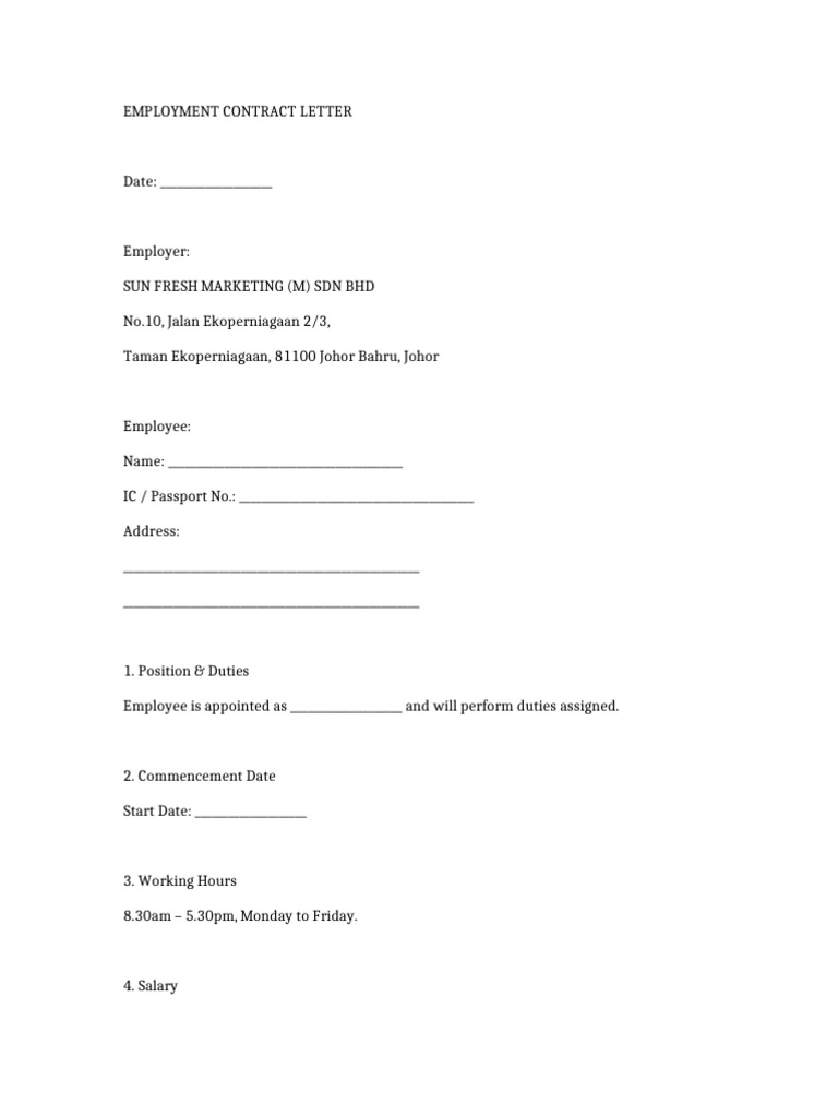 Employment Contract Template Malaysia | PDF