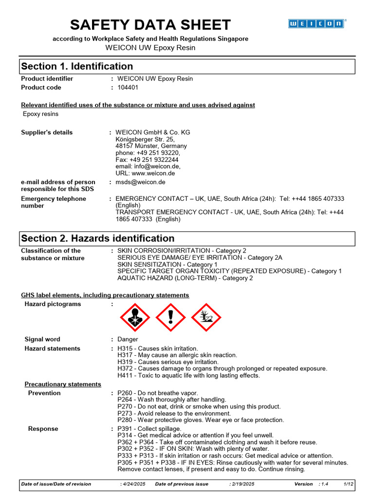 WEICON UW Epoxy Resin Safety Data Sheet | PDF | Occupational Safety And ...