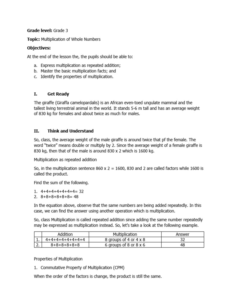 Grade 3 Multiplication Lesson Plan | PDF | Multiplication | Giraffe