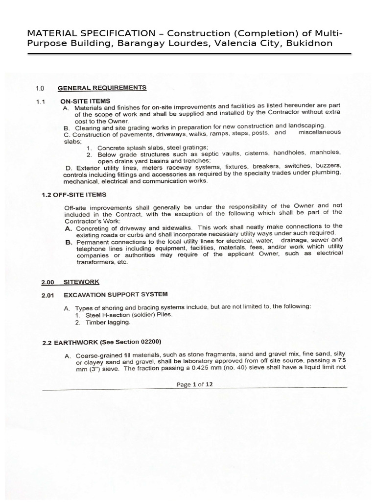 Materials-Specification Lourdes | PDF