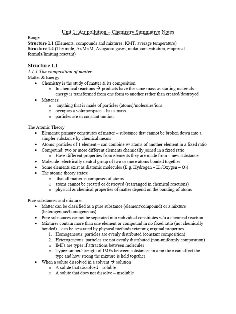 Air Pollution Chemistry Notes Summary | PDF | Mole (Unit) | Mixture