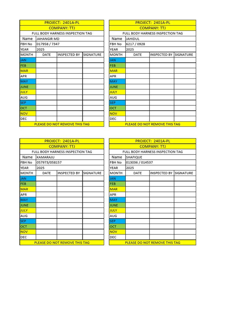 Full Body Harness Inspection Tags 2025 | PDF
