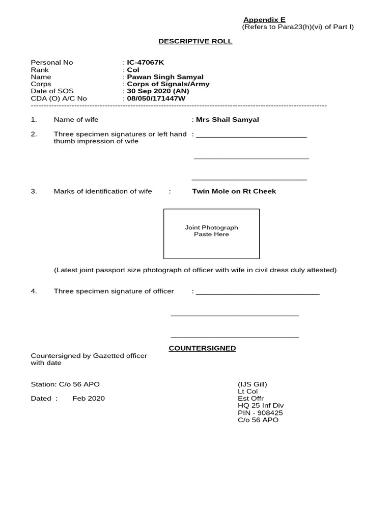 Descriptive Roll for Col Pawan Samyal | PDF