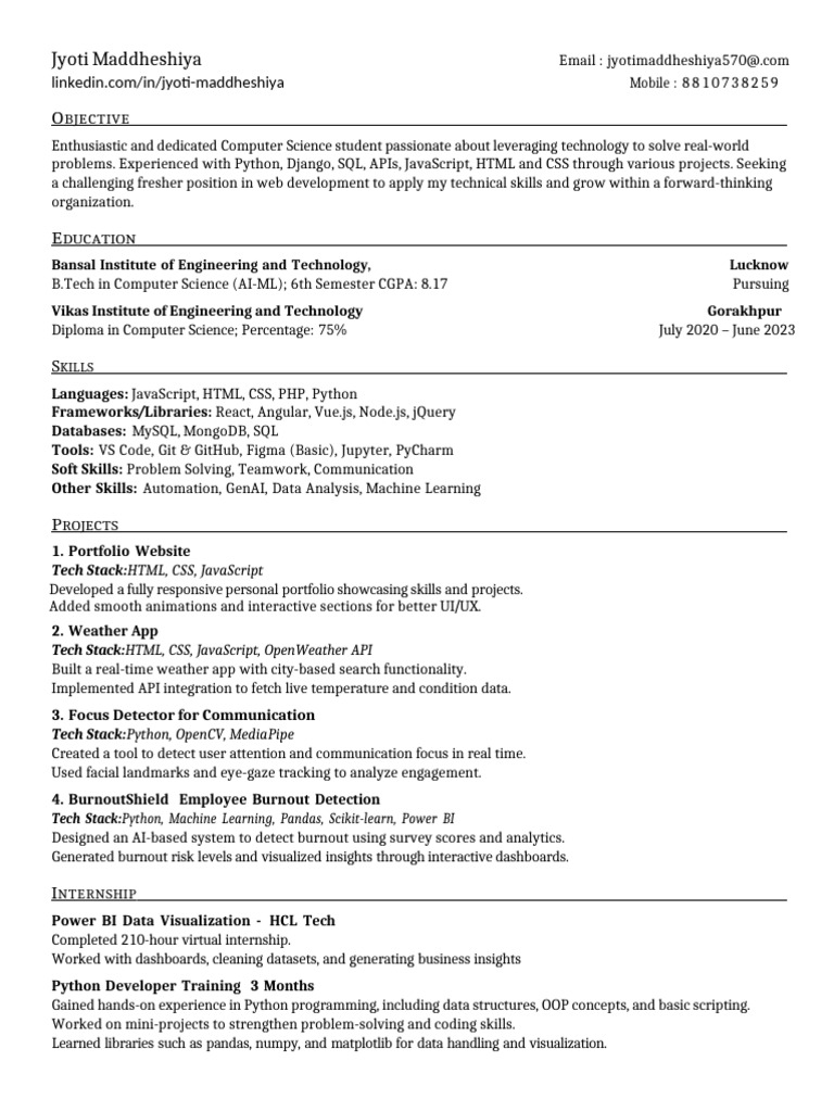 Computer Science Student Resume | PDF | Java Script | Python ...