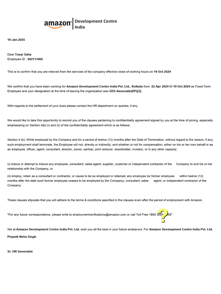 Amazon Releiving Letter - 2 | PDF | Employment | Civil Law (Legal System)