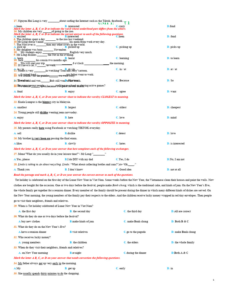 English Test Questions and Answers | PDF | Hobbies
