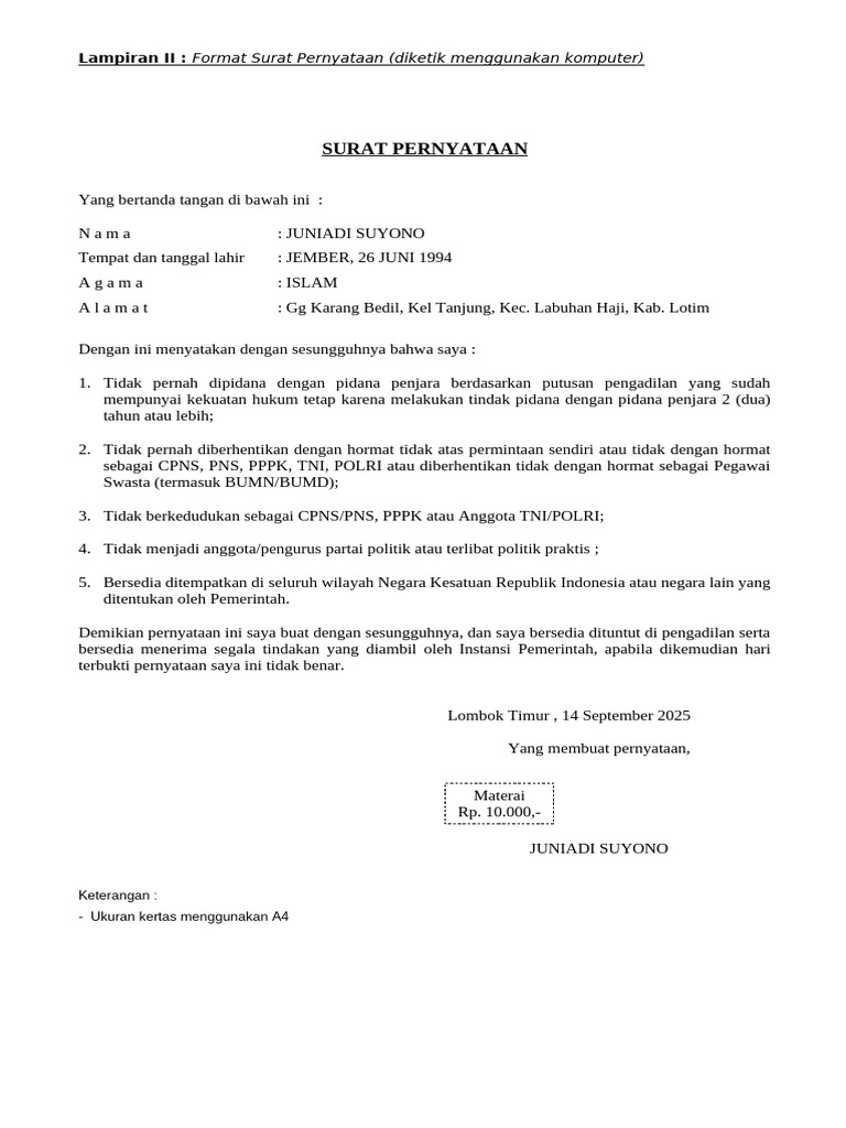 Format Surat Pernyataan Resmi A4 | PDF