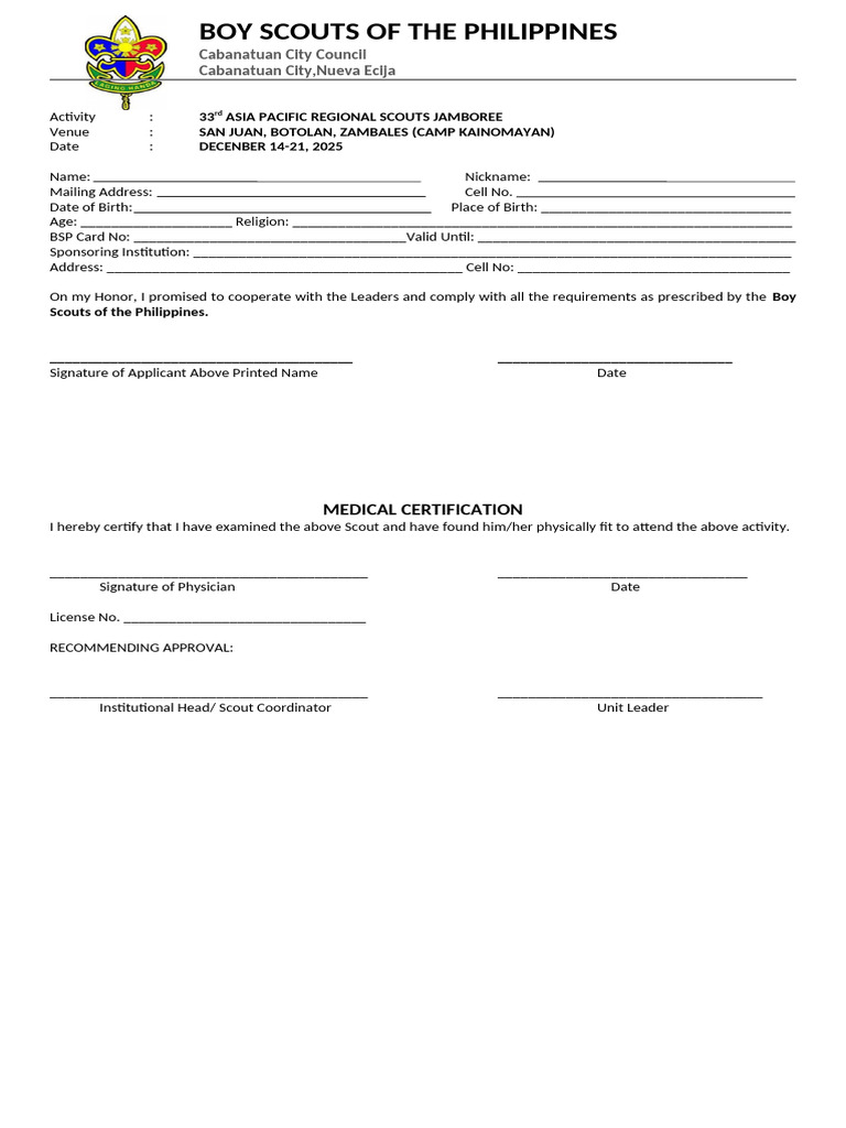 33rd APRSJ Medical Form | PDF