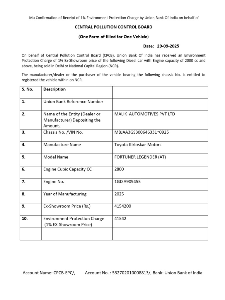 Environment Charge Receipt for Vehicle | PDF