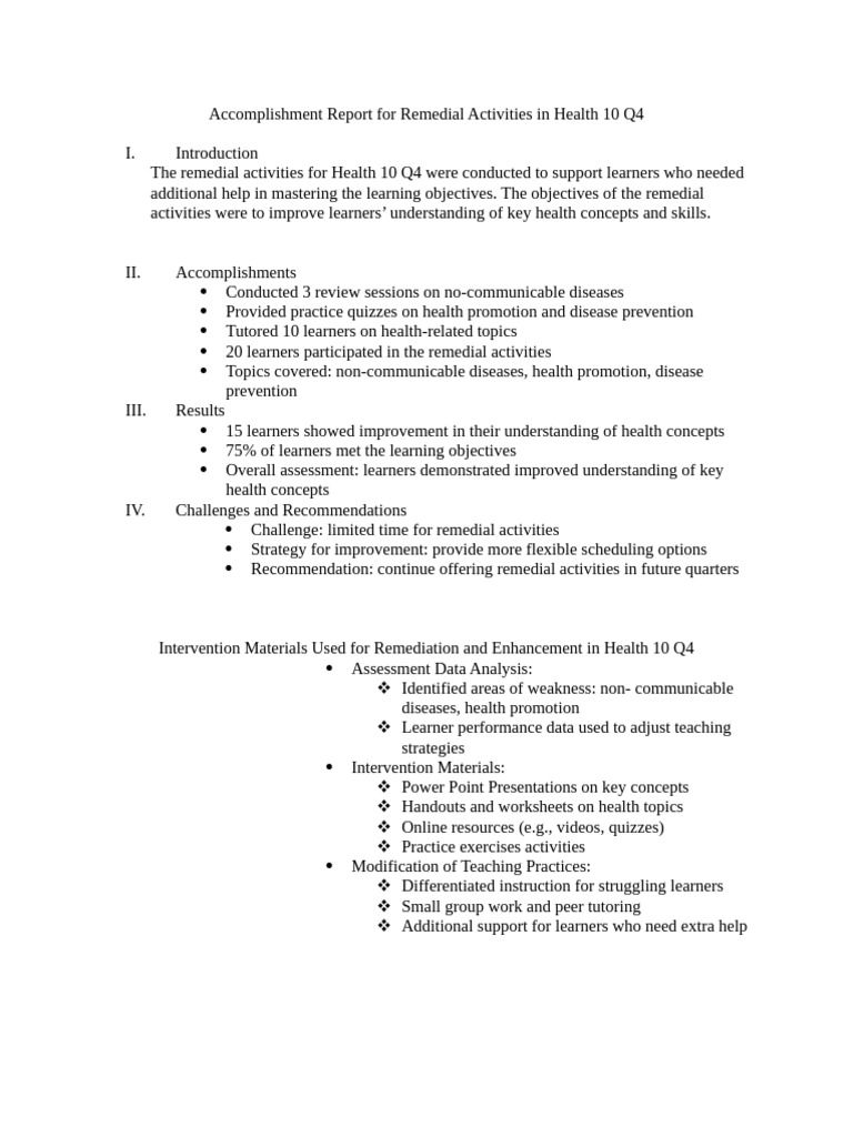 Health 10 Q4 Remedial Activities Report | PDF | Differentiated ...