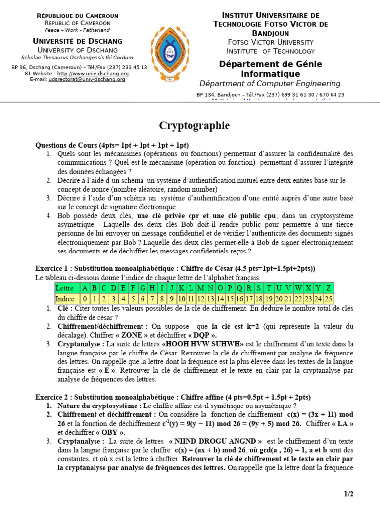 Mécanismes et Exercices de Cryptographie | PDF | Cryptanalyse | Chiffre ...