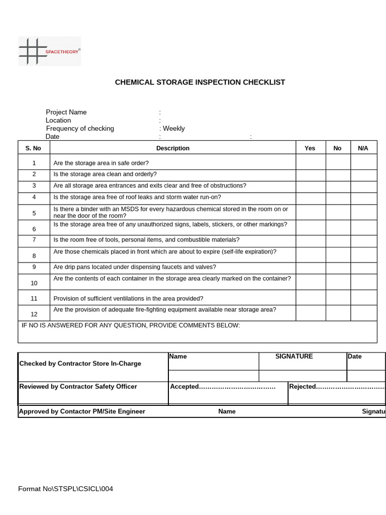 Chemical Storage Inspection Checklist | PDF