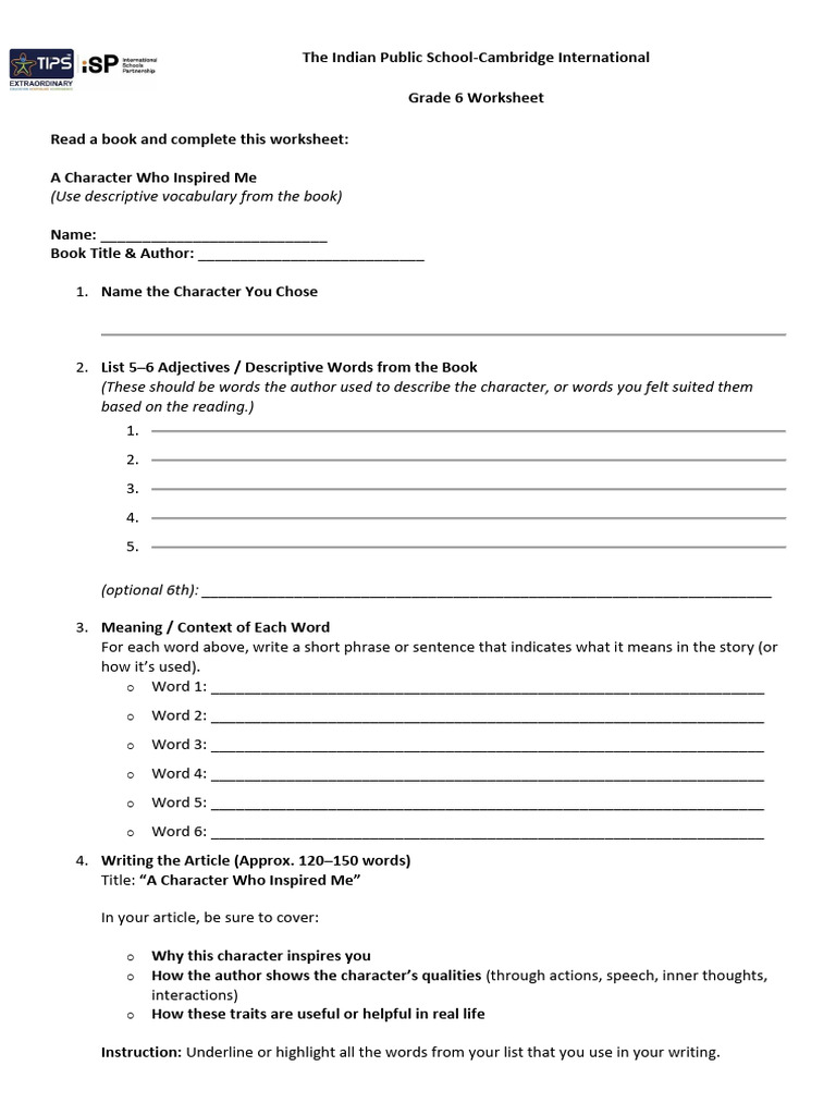 Grade 6 Character Inspiration Worksheet | PDF | Word | Syntax