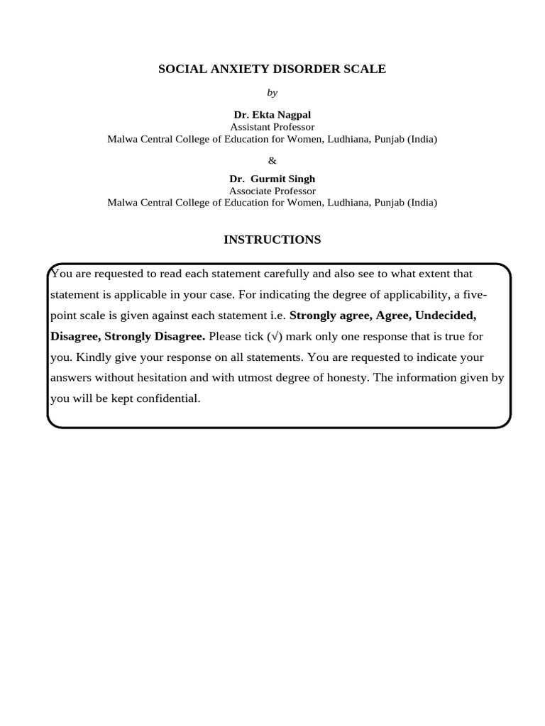 Social Anxiety Disorder Assessment Scale | PDF | Social Anxiety ...
