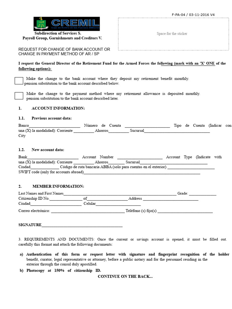 F-PA-04 Payment Account Request or Change AR-SP (1) | PDF