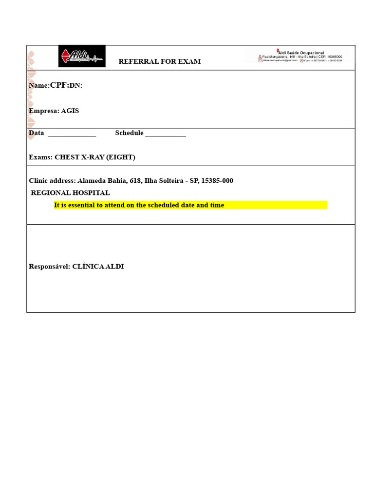 Chest X-Ray Exam Referral Document | PDF