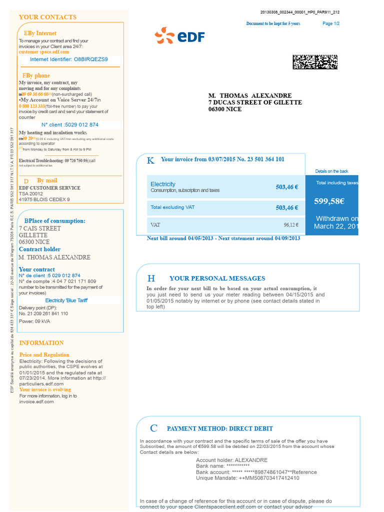 EDF Invoice and Contract Details | PDF | Invoice | Payments